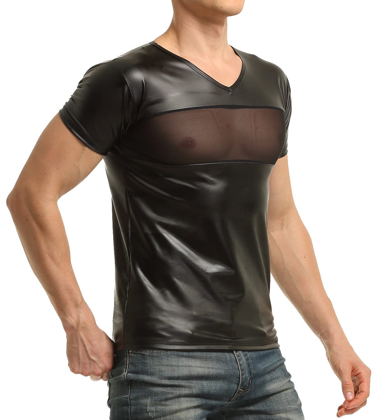 T-shirt pour homme similaire au latex avec empiècement en maille