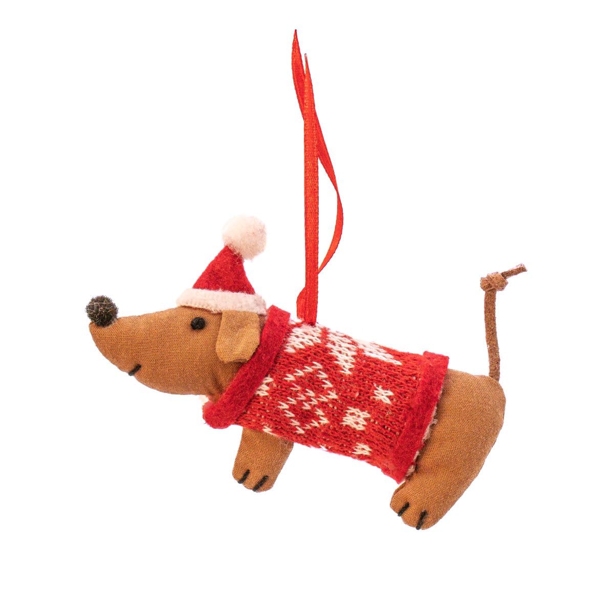 Sass & Belle Fabric Sausage Dog Christmas Tree Decoration | Dachshund Christmas Ornament with Festive Jumper & Santa Hat | Hanging Christmas Tree Decoration | Dog Lover Gift