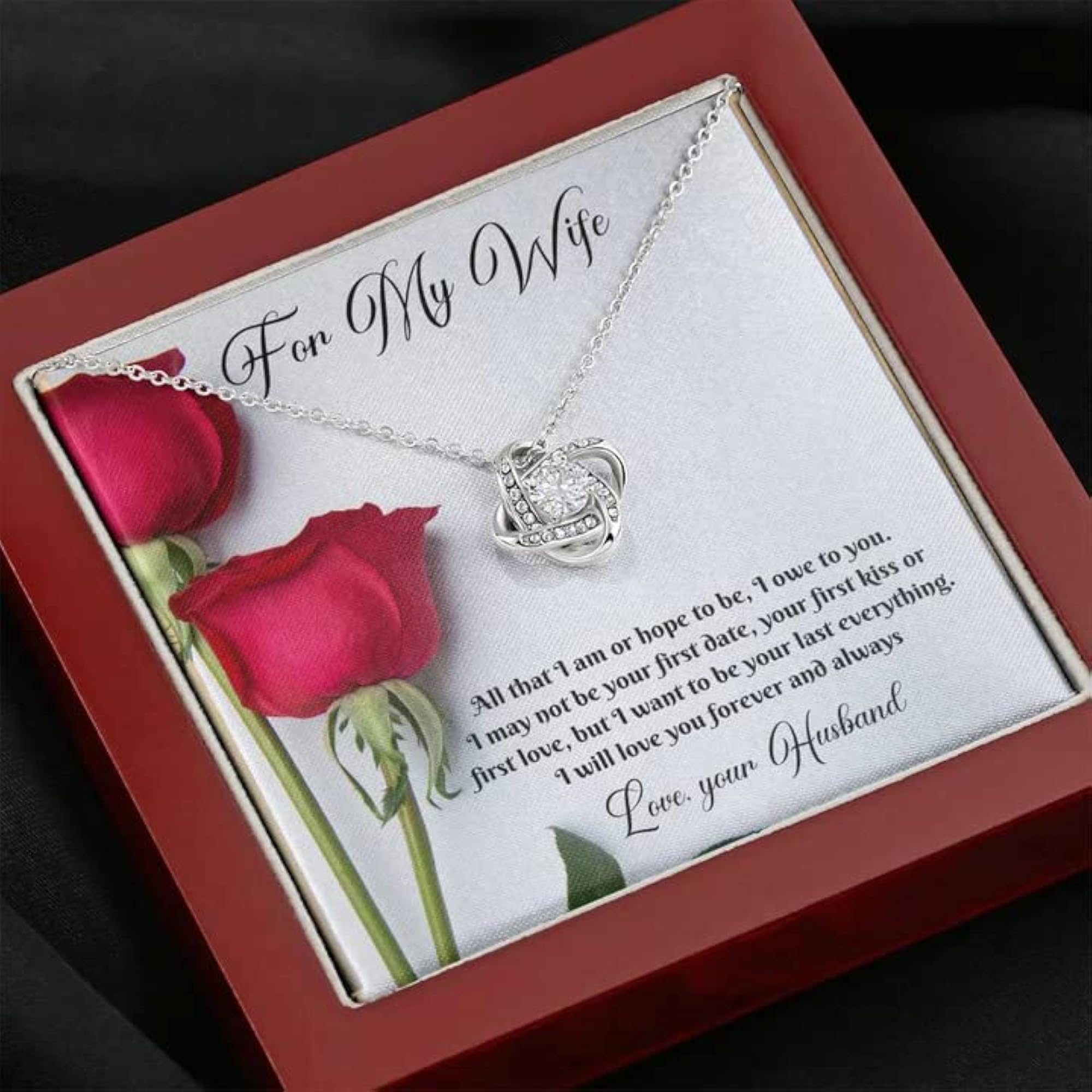 Women's Love Knot Necklace with Red Rose, 925 Sterling Silver