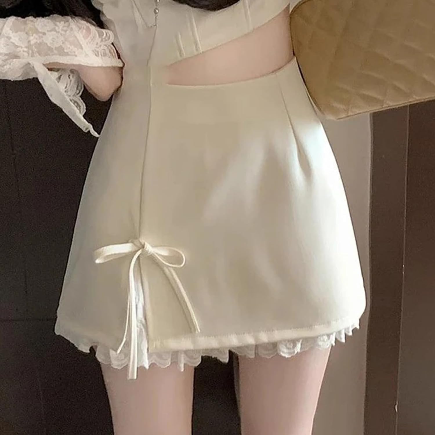 Bow Lace Up Mini Skirt for Women Elegant Spliced Lace A Line High Waist Slimming Skirt