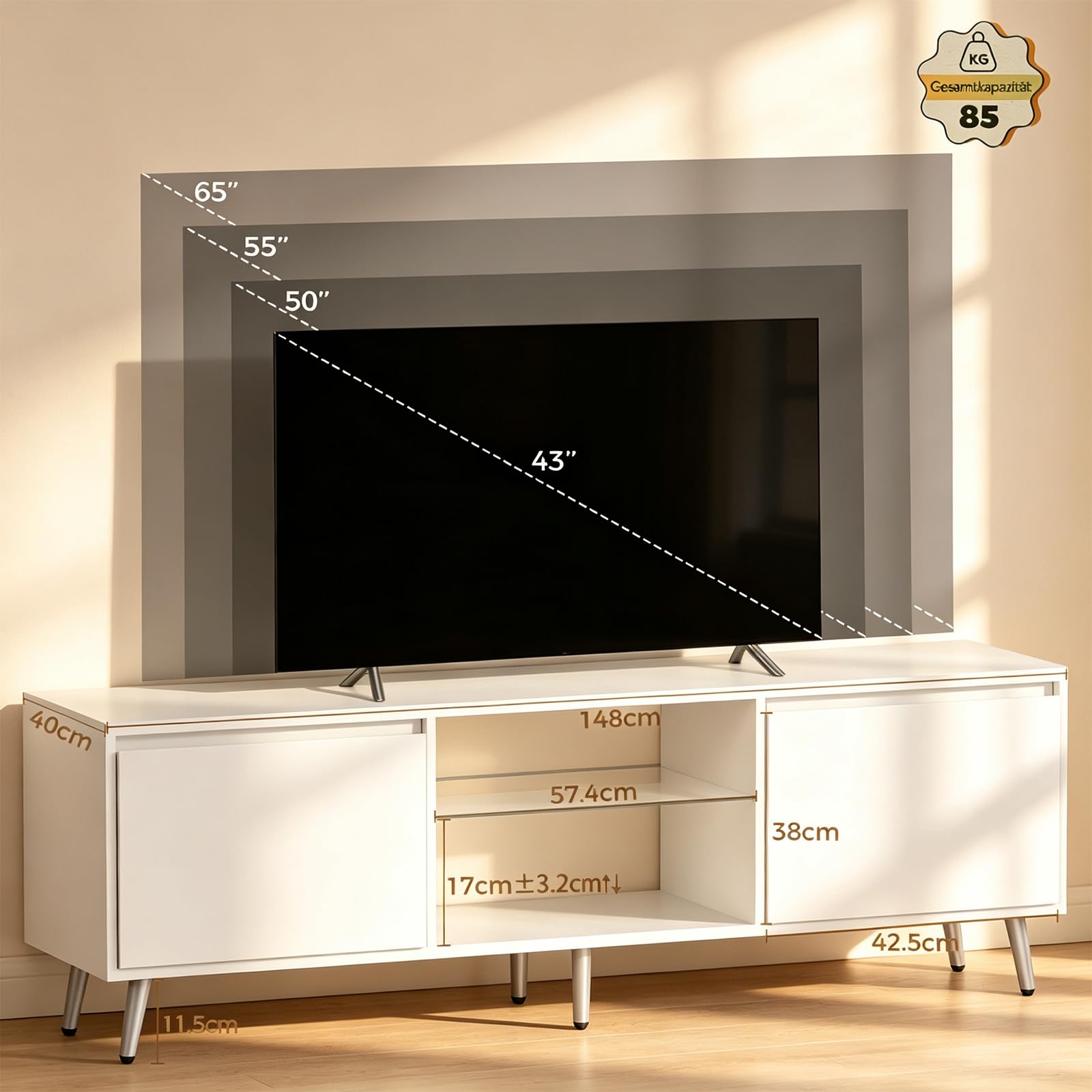 Meuble TV avec LED Réglable, Table TV Design 148x40x49.5 Cm