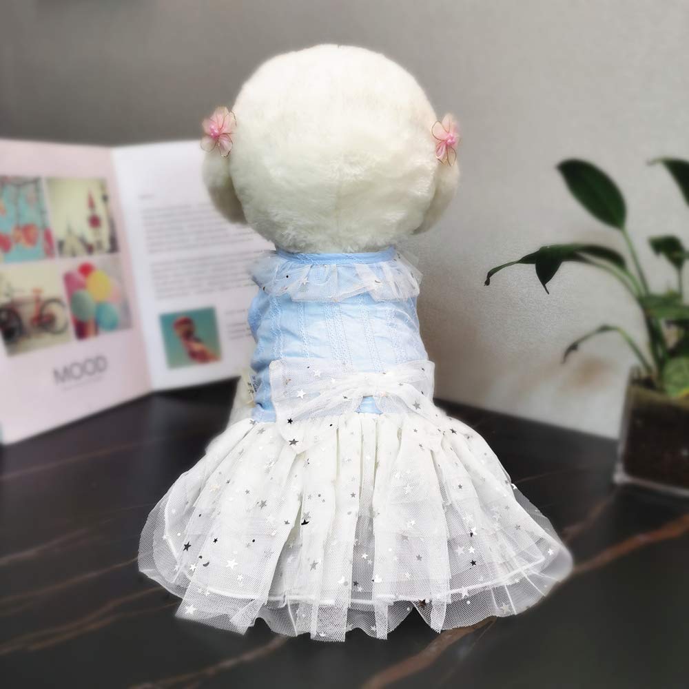 Wolyepor Puppy Cotton Dog Princess Dress Doggy Costume Tutu Apparel Dog Skirt (Large, Blue)