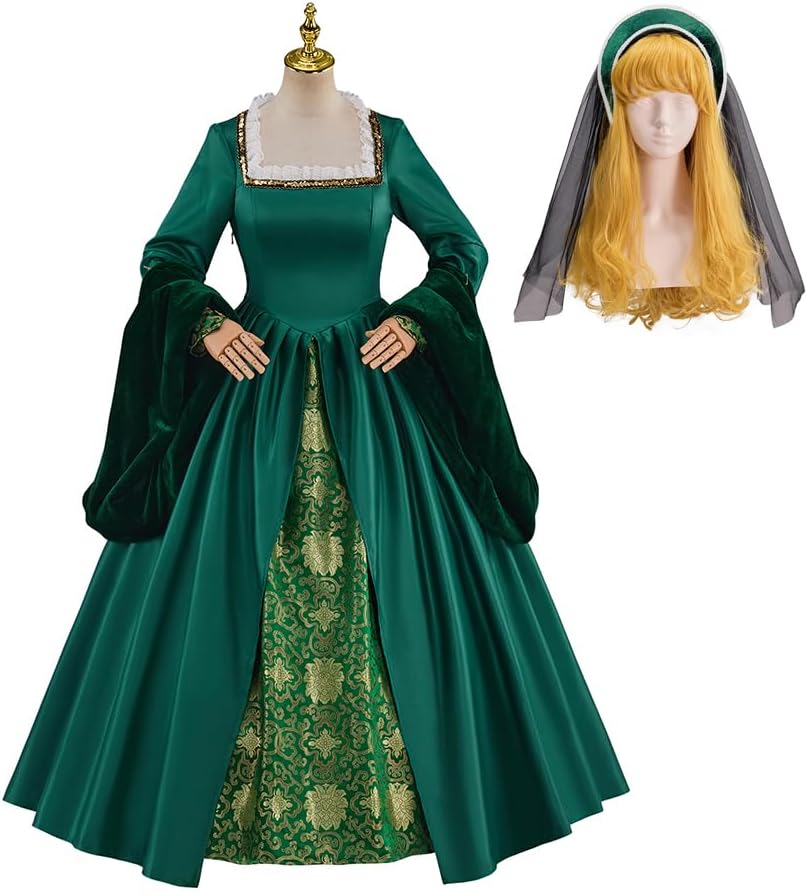 Willyacos Tudor Queen Anne Boleyn Costume Dress Renaissance Elizabethan Tudor Costume Women Ball Gown with Headpiece