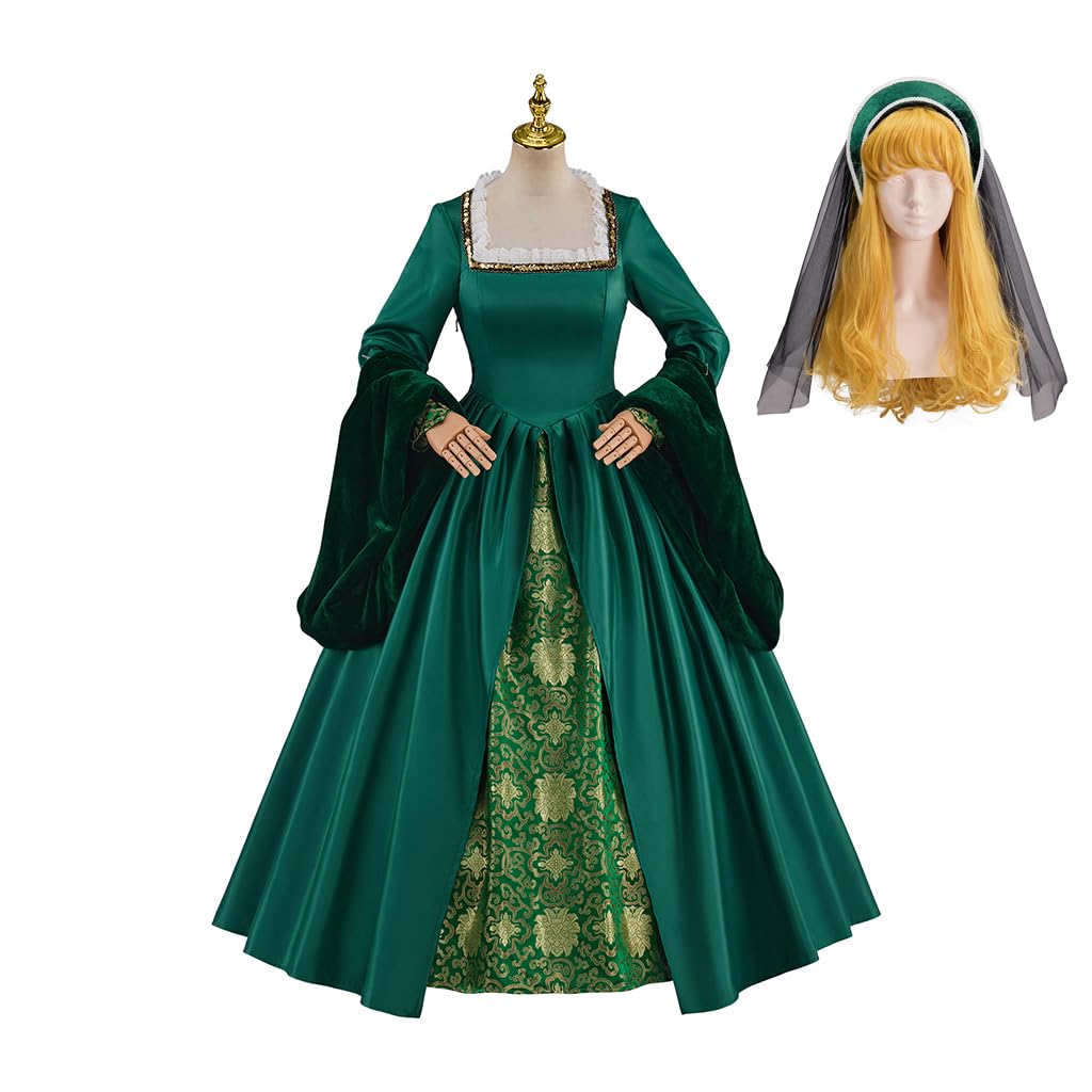 Willyacos Tudor Queen Anne Boleyn Costume Dress Renaissance Elizabethan Tudor Costume Women Ball Gown with Headpiece (Green, XXL) โ image 1