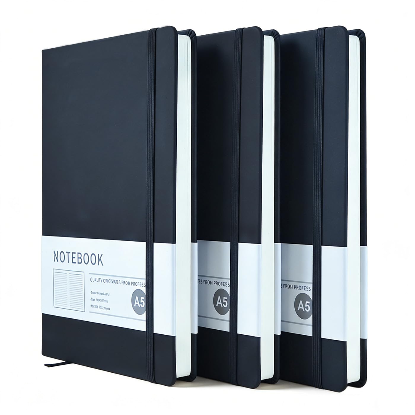 Filltown A5 Notebook, 3 Pack 200 Pages 80 GSM A5 Lined Notepad Hardback Journal Notebooks with Elastic Closure & Ribbon Page Marker Notebooks, Writing Pads & Diaries (Black)