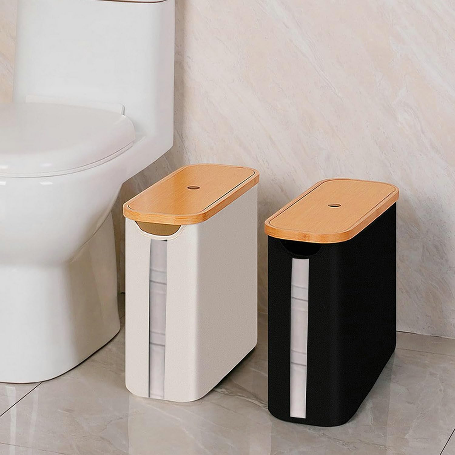 Cesta de almacenamiento de papel higiénico, organizador de papel higiénico con tapa de bambú para baño, soporte de papel higiénico independiente con ventana de visualización (negro)