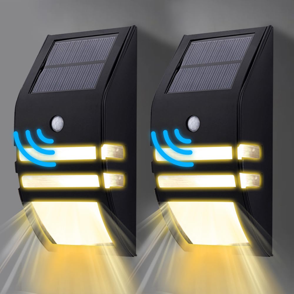 KZT 2 Piezas Aplique Pared Exterior con Sensor de Movimiento Impermeable IP65 Luz Solar Exterior 6500K Blanco Frío Lámpara de Pared Para Jardín Garaje Calle Patio, Plateado