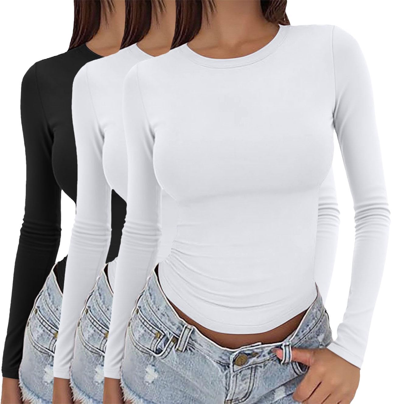 2 confezioni di magliette a maniche lunghe da donna basic set invernale Y2K, set basic, slim fit, girocollo, sottogiacca, a maniche lunghe, magliette sottili, T-shirt a maniche lunghe da donna, casual