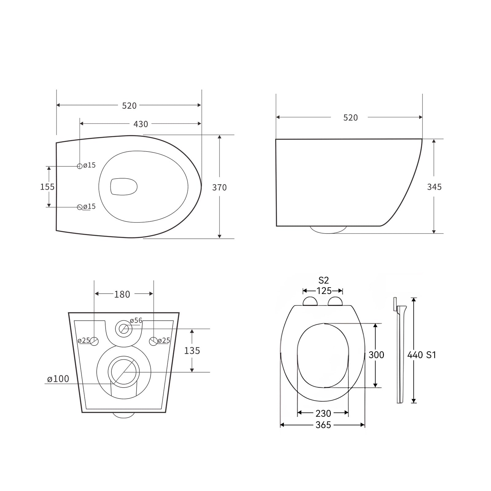 Teal Home WC sospeso in ceramica con coperchio WC con abbassamento automatico – Ciotola WC con risciacquo superspin monoforo, WC bianco con rivestimento nano – 52 × 37 × 34,5 cm