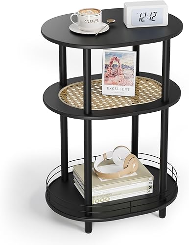 Mesa auxiliar redonda de ratán, mesa auxiliar negra bohemia con cesta de almacenamiento de metal, mesita de noche de 3 niveles, mesa decorativa