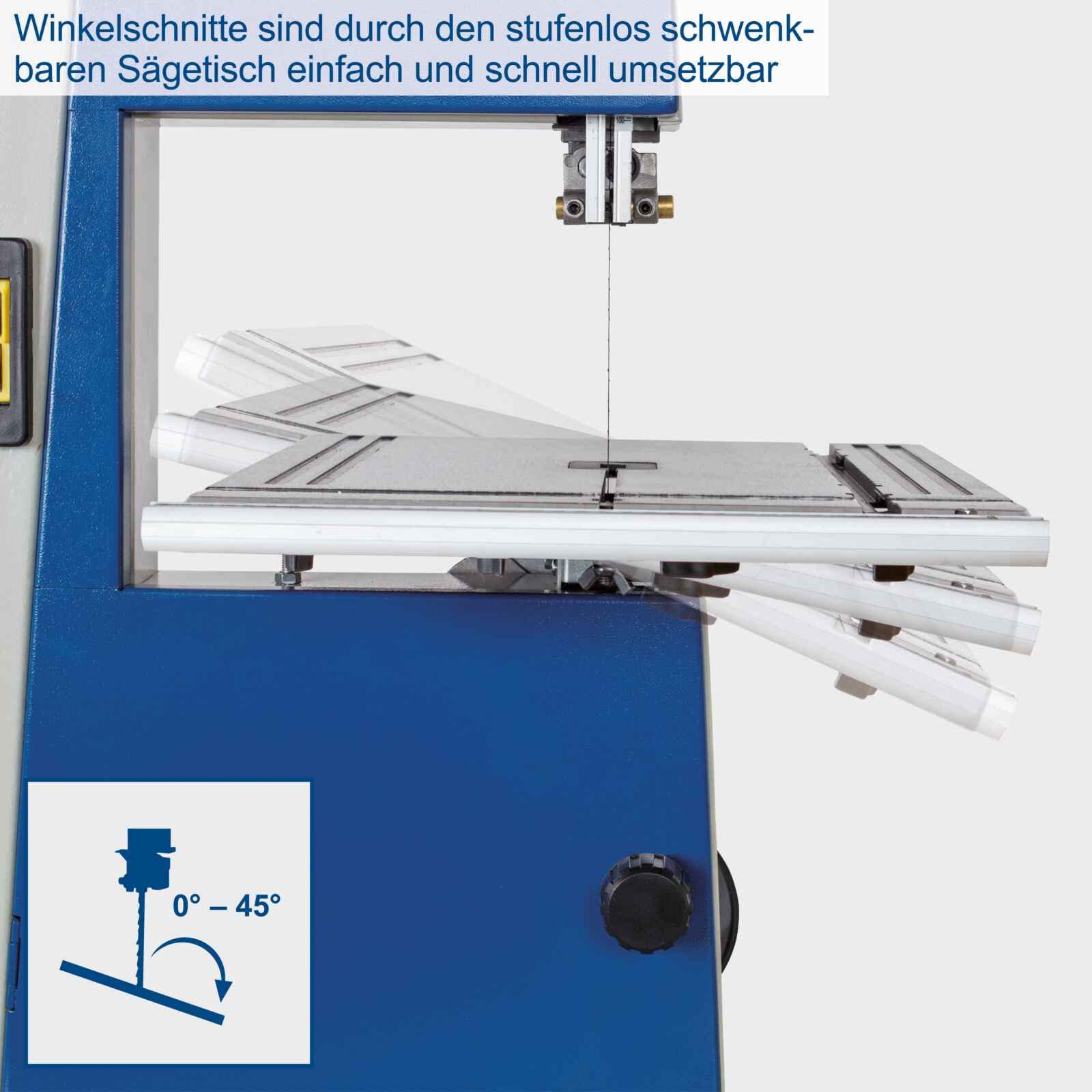 Scheppach Bandsäge BASA1 (300 Watt, max. Schnitthöhe: 100mm, Durchlassbreite: 195mm, bis zu 45° schwenkbarer Arbeitstisch, Bandrad-Ø: 200mm, Schnittgeschwindigkeit: 880m/min)