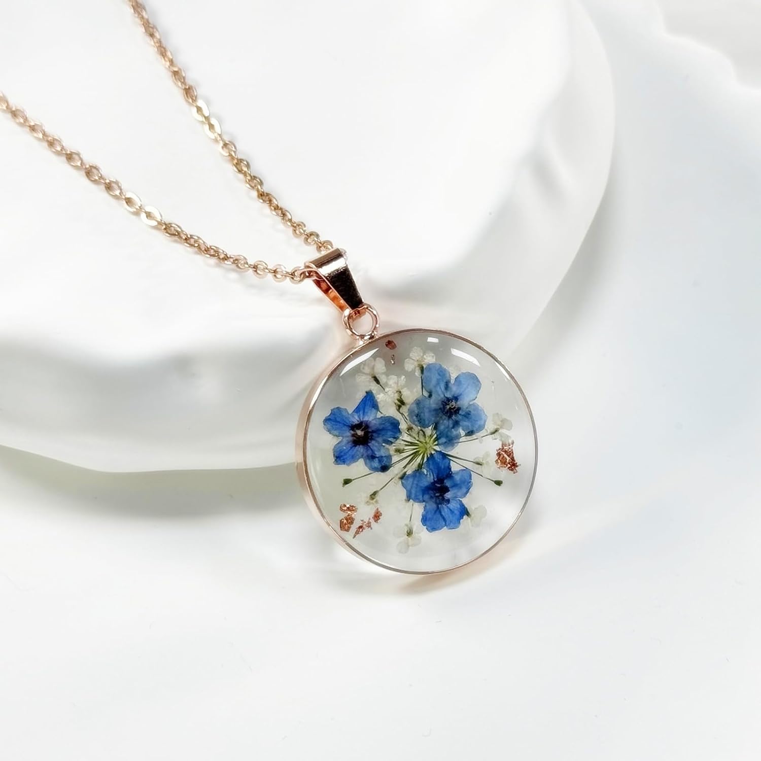 jayden Necklaces For Women,Forget-Me-Not Real Flower Pressed Flower Necklace,Boho Jewelry,Handmade Unique Personalized Necklace,Oval Pendant - 18" - Image 3