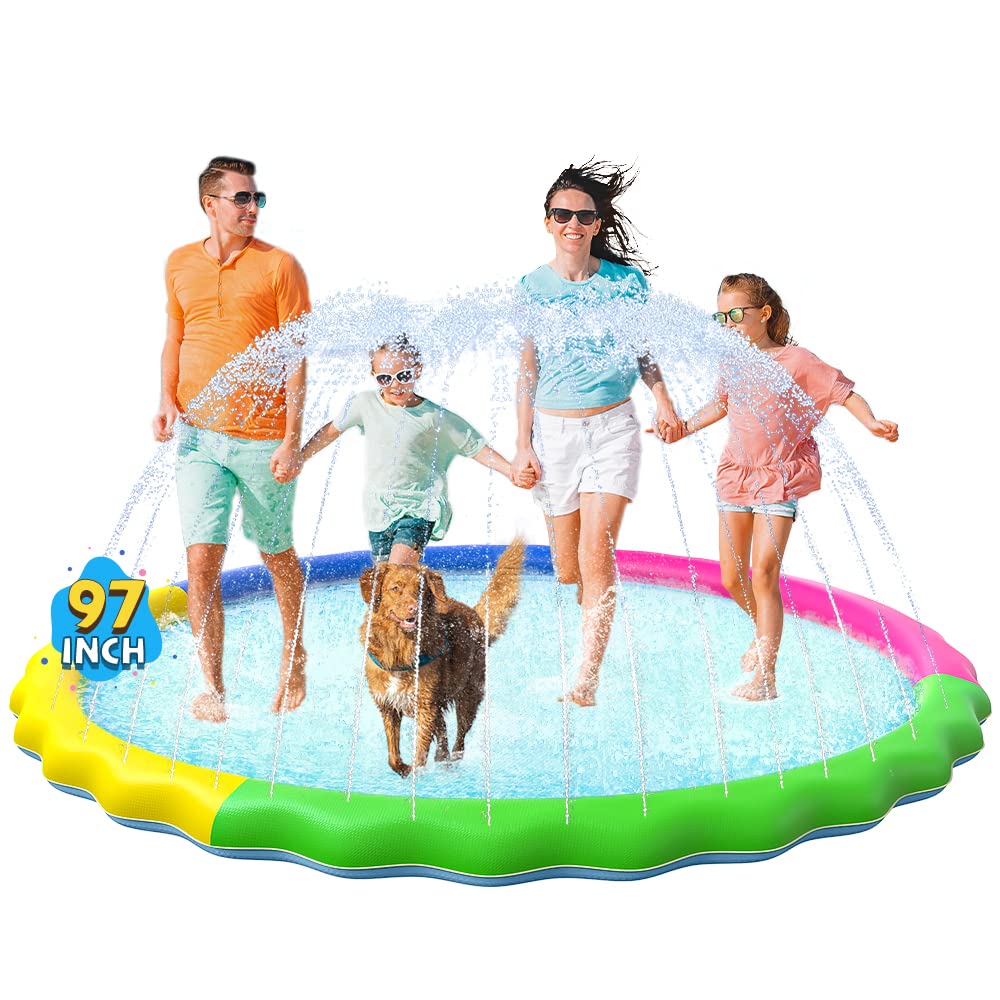 VISTOP Non-Slip Splash Pad for Kids and Dog, Thicken Sprinkler Pool Summer Outdoor Water Toys - Fun Backyard Fountain Play Mat for Baby Girls Boys Children or Pet Dog (97 inch, Red&amp;Yellow&amp;Green&amp;Blue)