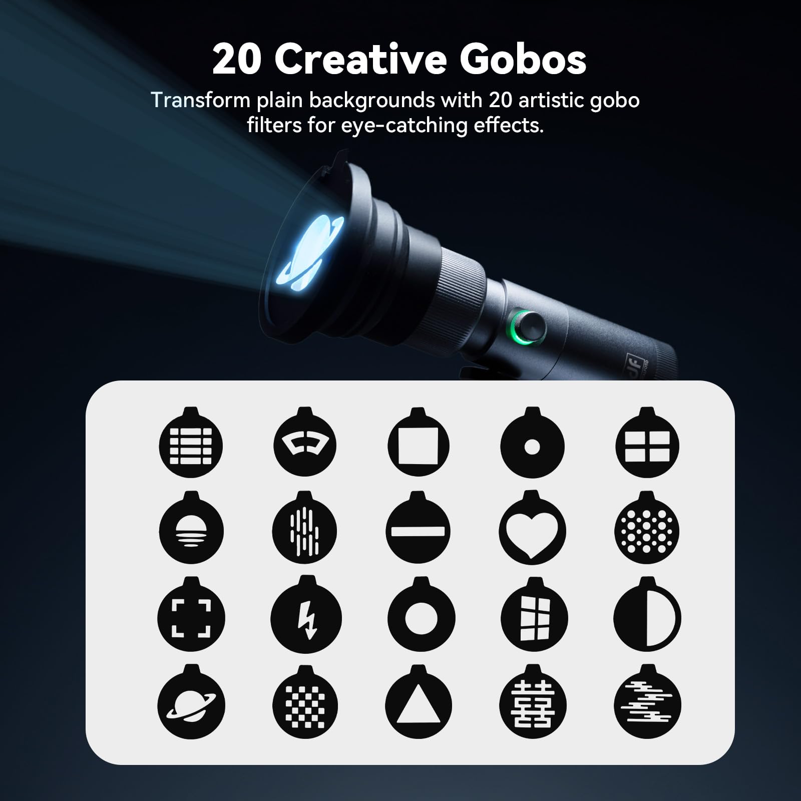 RGB-LED-Fotografie-Taschenlampe, 7500 mAh, Aluminiumlegierung, gemusterter Umgebungsstrahler, tragbarer optischer Snoot-Licht mit 4 Farbfiltern mit 20 Gobos für Vlog/SNS
