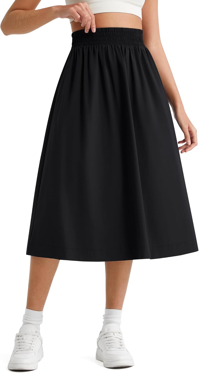 G4Free Women's Midi Skirts 29" High Waisted Quick Dry Water Resistant Lightweight Skirt with Pockets Travel Casual UPF 50+