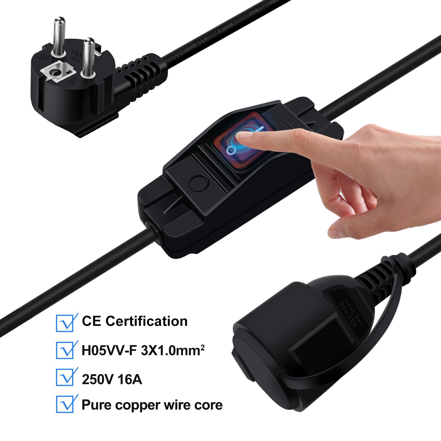 Przedłużacz z wtyczką Schuko i wyłącznikiem 16 A 250 V 90 stopni Kabel Schuko z wyłącznikiem 2 AC do gniazdka IP44 do użytku na zewnątrz lub wewnątrz, w domu, biurze (Czarny, 1 m)