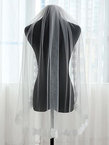 Miniatura 4 de HEREAD Velo de novia de encaje corto de longitud de los dedos velos de tul para novia, accesorios para el cabello con peine para mujeres y niñas