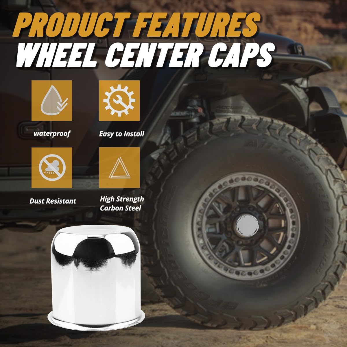 4Pcs 3.19 in Wheel Center Caps Chrome Push Through Design - Fit 3.19" Center Bore for Truck, Trailer, SUV, RV Wheels Rims 3.31" Height Center Hub Caps