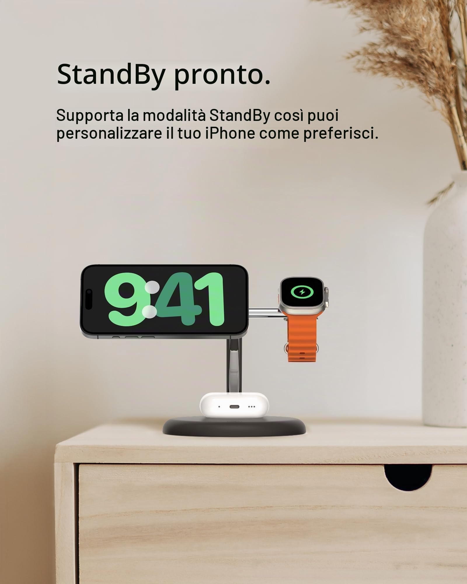Belkin BoostCharge - Supporto di ricarica wireless 3 in 1 con Qi2 15W, caricatore rapido compatibile con MagSafe per iPhone 17, Air, 16, 15, 14, 13, 12, PixelSnap, AirPods, Apple Watch (alimentatore