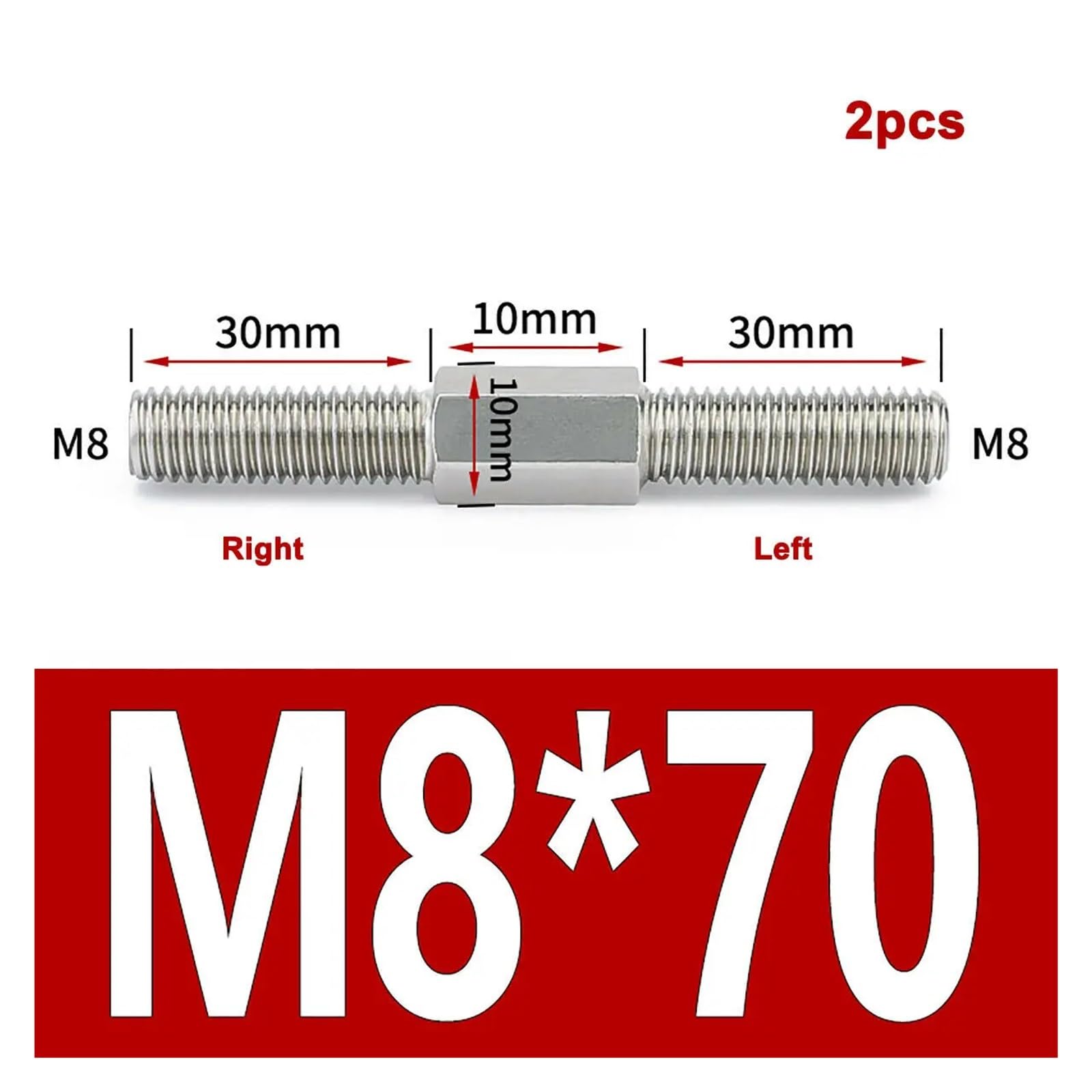 Tornillos de perno de doble extremo Varilla roscada, extremo de rosca izquierdo y derecho M8 Tornillo de pernos de barra positiva(M8x70mm 2pcs)