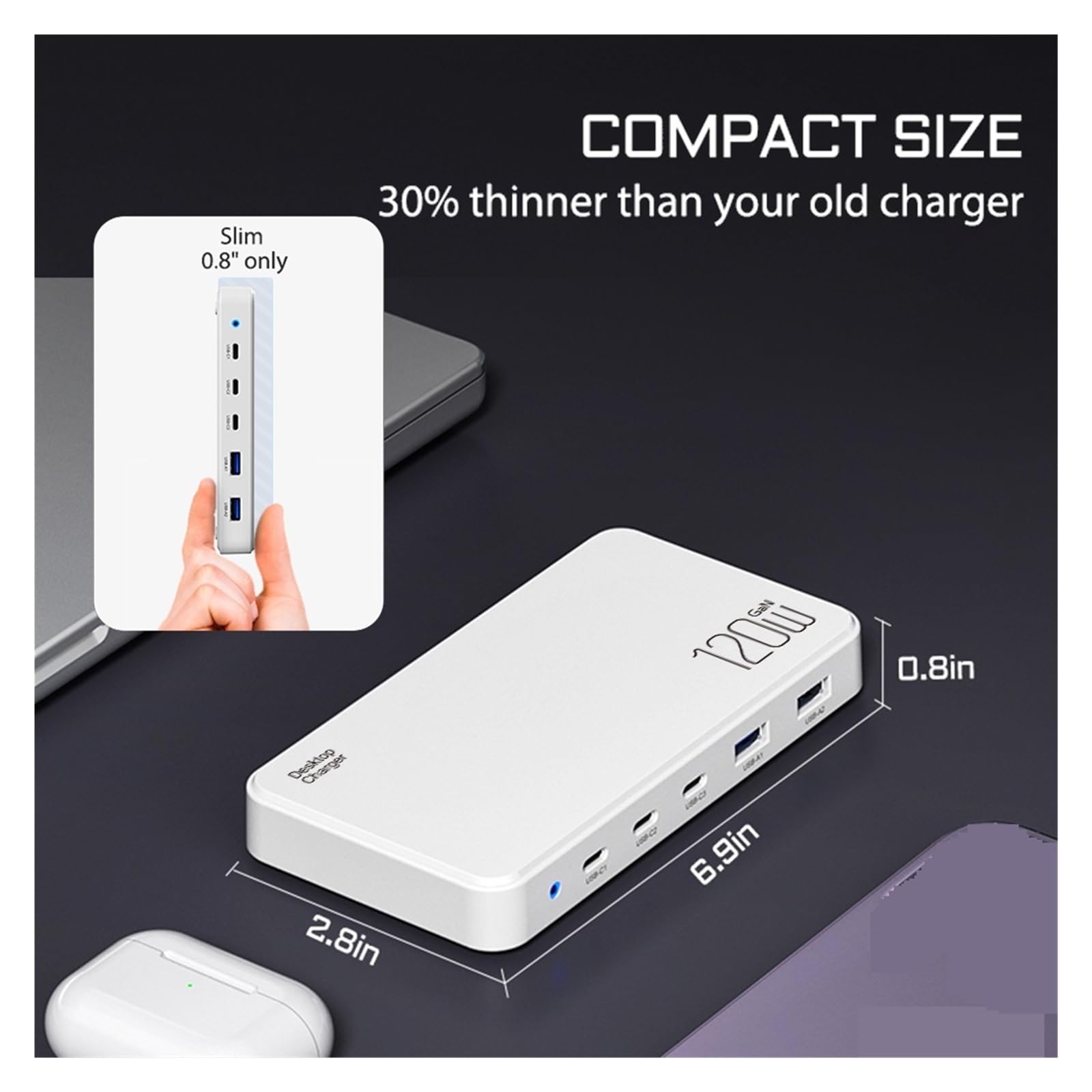 Stacja Ładująca USB C O Mocy 120 W. 5-portowa Ładowarka GaN. Hub Ładujący Do Wielu Urządzeń Laptopa MożLiwość Szybkiego łAdowania(White)