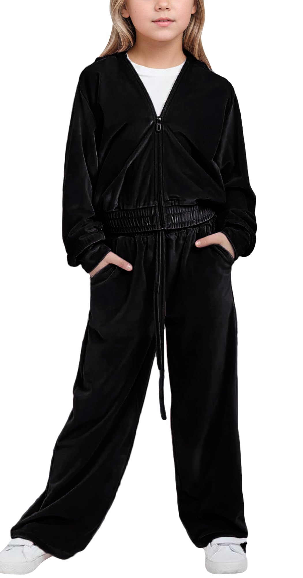 FEOYA Completo Bambini Kpop Hip Hop Pantaloni Bambine Velluto Casual Set Ragazza Sportivo Maniche Lunghe Jogging Bimba Tempo Libero Scuola Felpata Elasticizzati 5-13 Anni