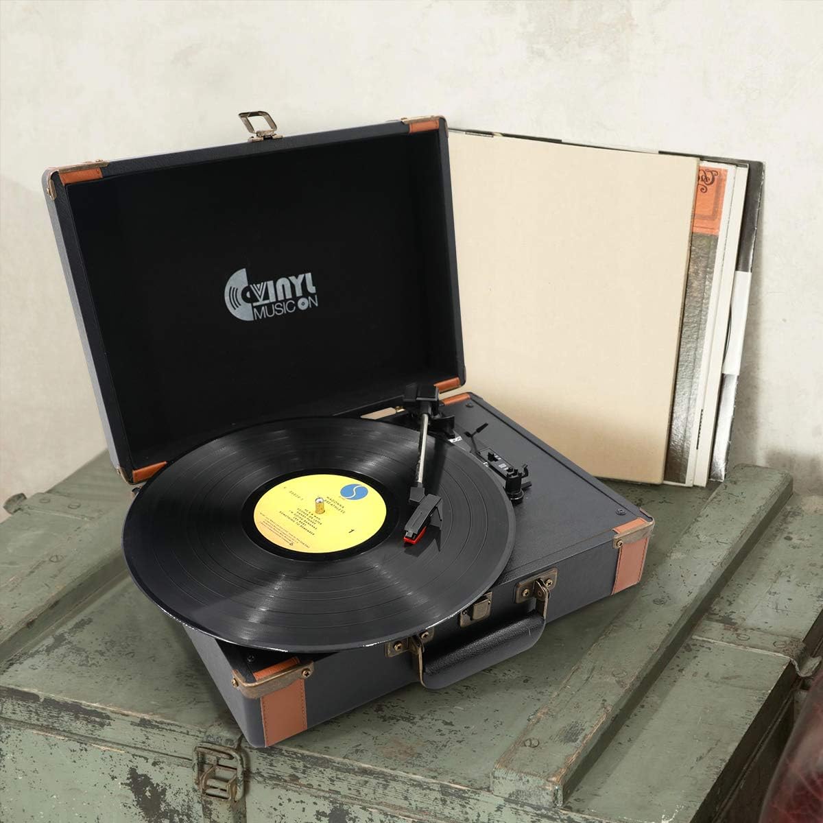 3 Speed Suitcase Turntable with Speakers,Portable Vinyl Record Player with RCA Output&Aux Input and Headphone Jack,Retro Black