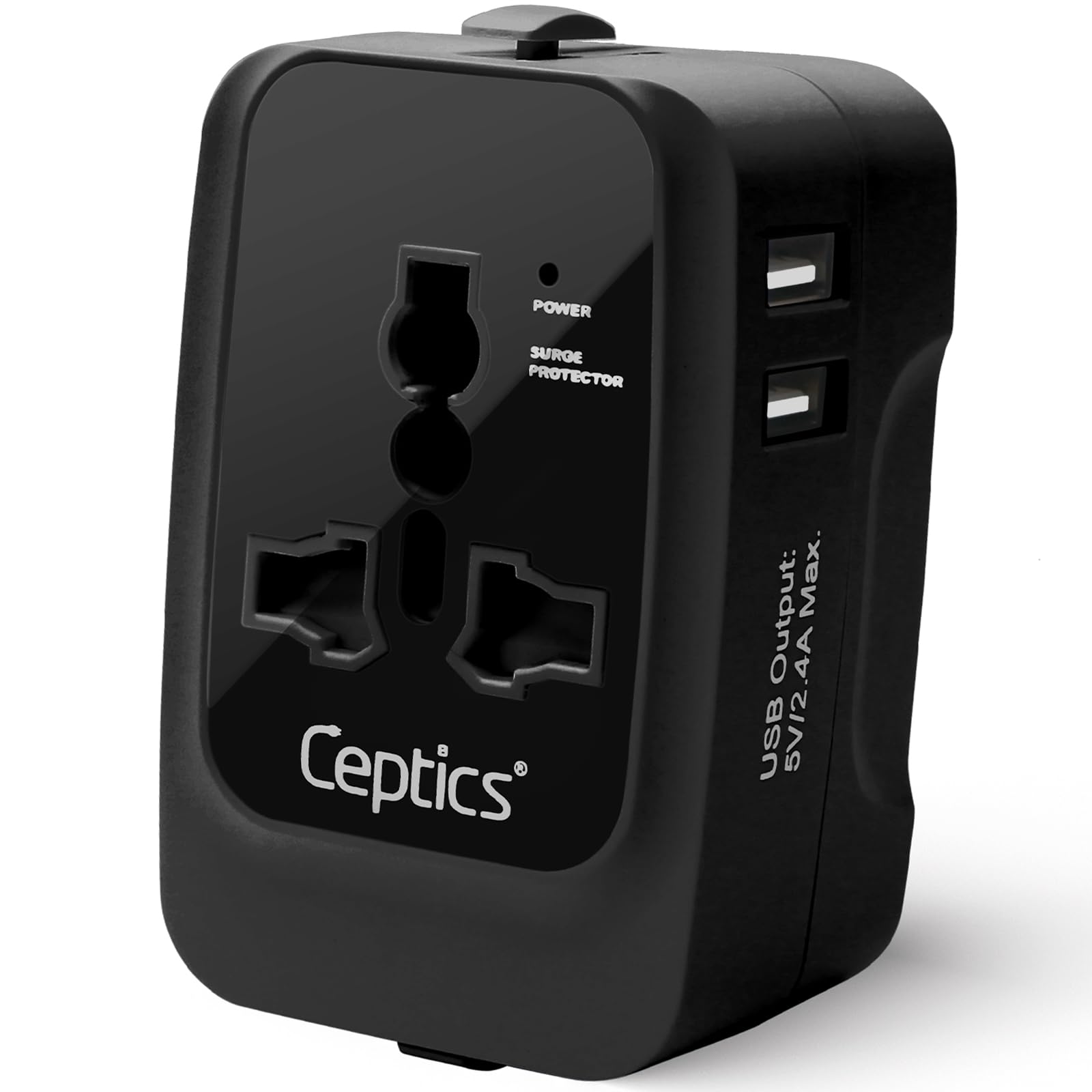 - Ceptics Universal Charger Adapter, Travel Adapter International All in One, 2X 2.A USB-A with 15W Total Output, Use in 150 Countries, Type A, C, G, I Output with Universal Input - Black