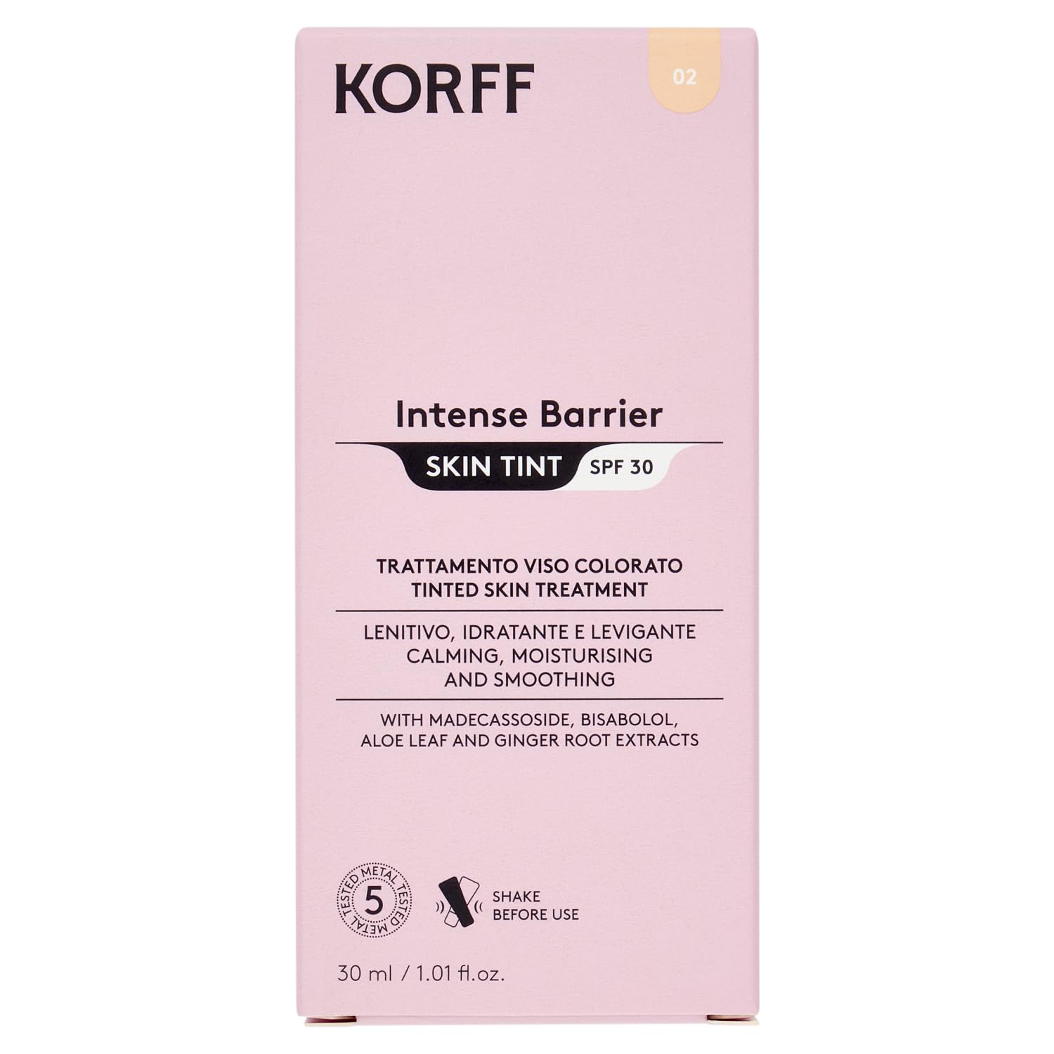Korff Intense Barrier Skin Tint, Trattamento Viso Colorato 02, Protezione Solare SPF30, Uniformante e Modulabile, Finish Naturale, Adatto a Tutte le Pelli, 30 ml