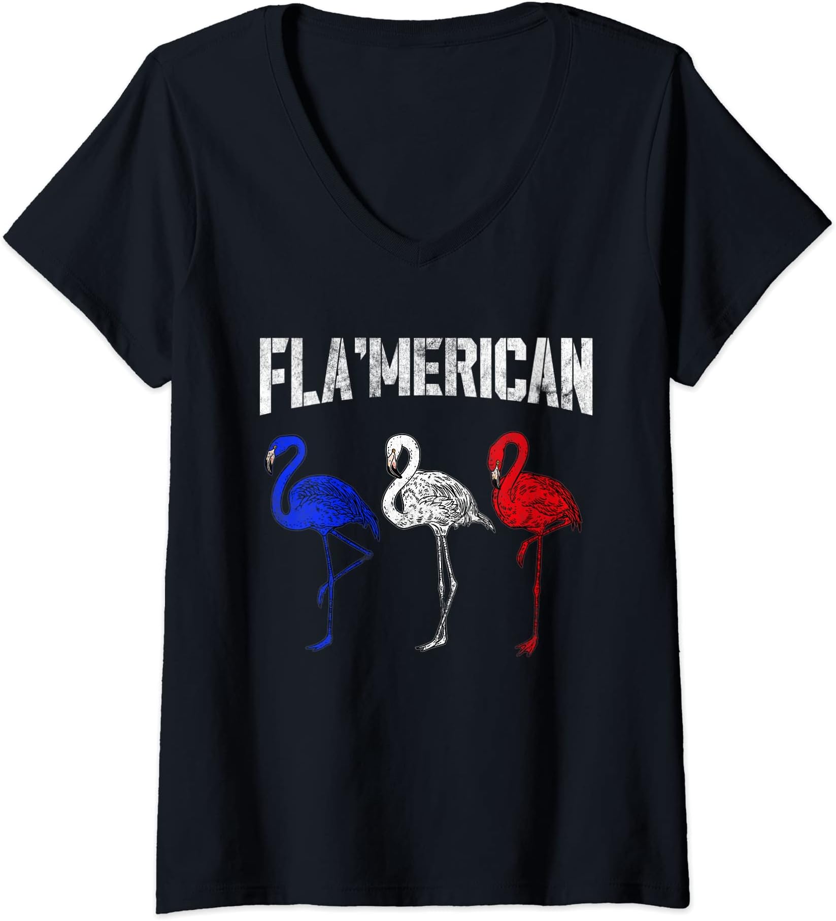 Womens Patriotic Flamingo Red White Blue Shirt For 4th of July V-Neck T-Shirt