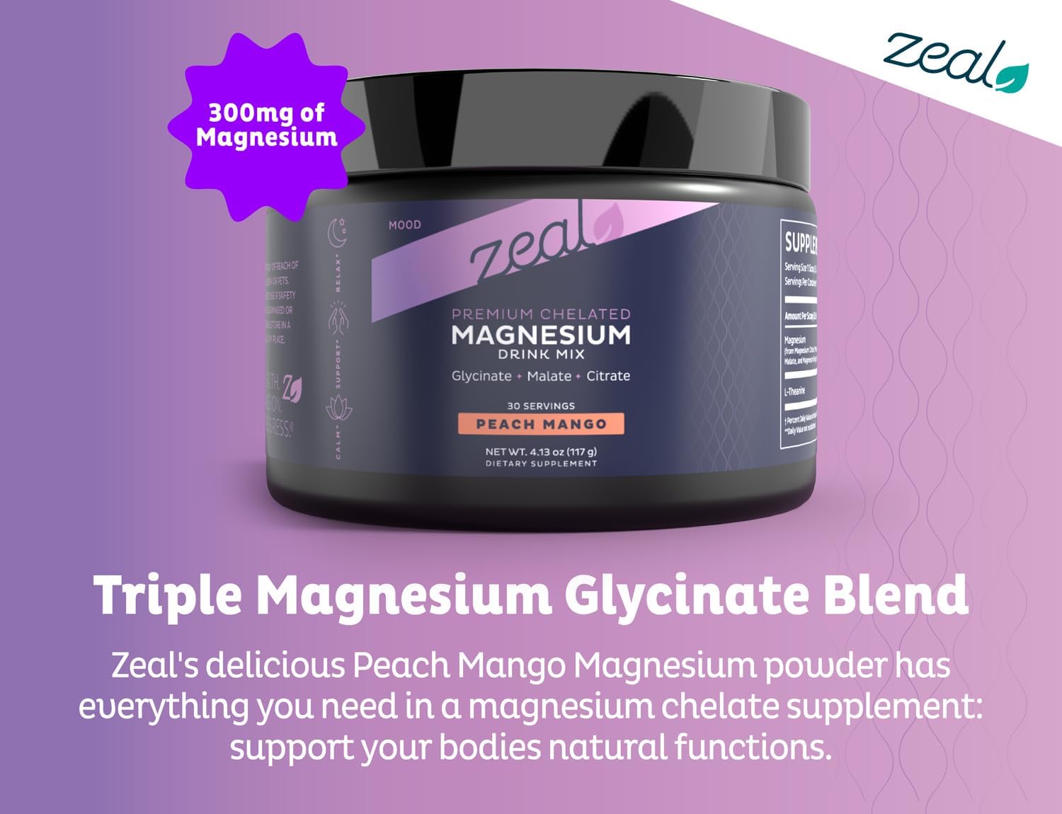 Premium Chelated Peach Mango Magnesium Glycinate, Malate, Citrate Triple Blend Magnesium Complex (Drink Mix (30 Serv.)