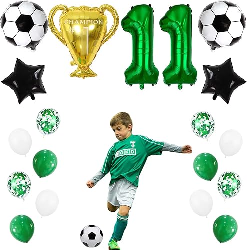 Miniatura 2 de Globos de fútbol de 11 cumpleaños, globos de fiesta de fútbol, globo de trofeo de campeonato, globo verde oscuro del número 11, globo de aluminio