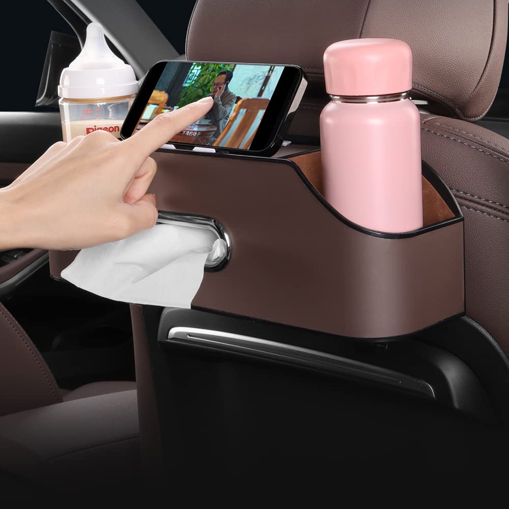Carodi New Car Rear Seat Poggiatesta multifunzione con portabicchieri, scatola in tessuto, gancio per poggiatesta per bambini e adulti, accessori da viaggio auto (marrone)
