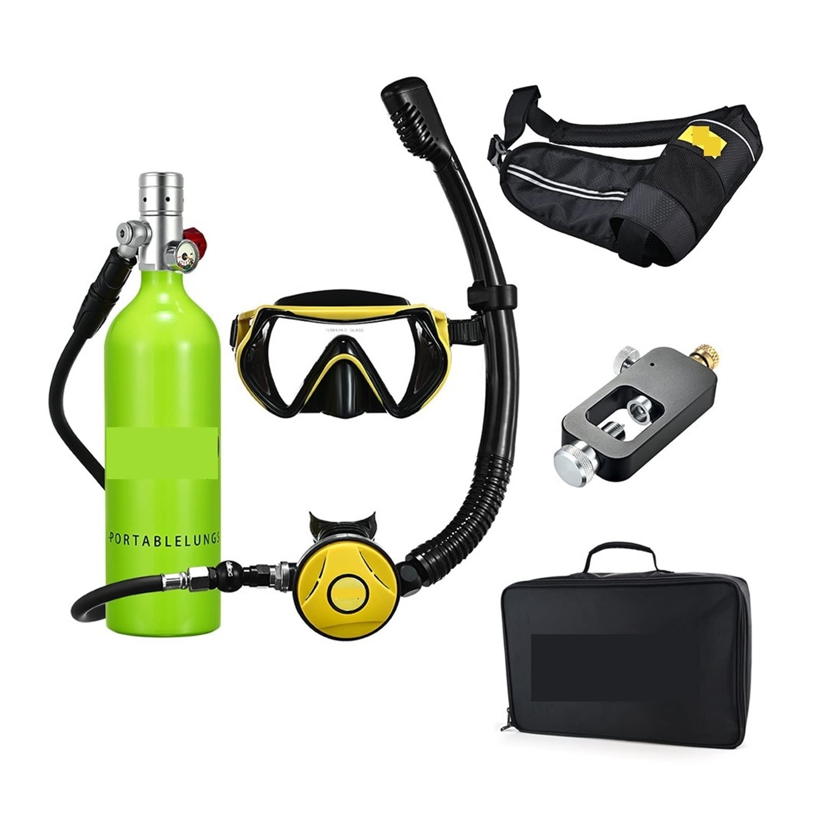 Portable Dive Cylinder, Snorkel Underwater Diving Rebreather Portable Deep Snorkeling Equipment(Silverhead in Green Bottle)