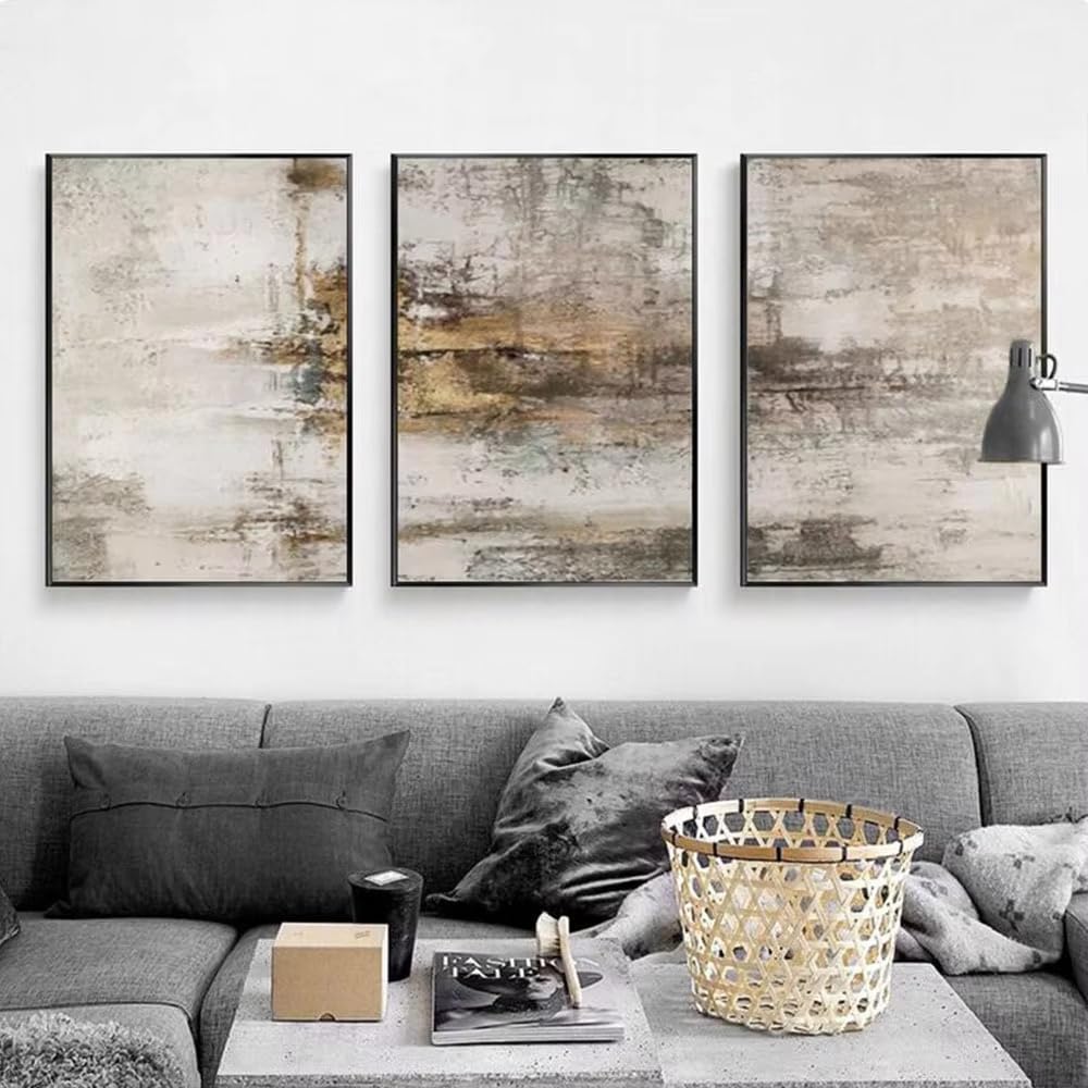 GOSRD Lienzos decorativos abstractos en tonos grises y dorados, estilo moderno, ideales para la decoración de salas de estar y dormitorios (50x75cm - 3 piezas/marco interno).