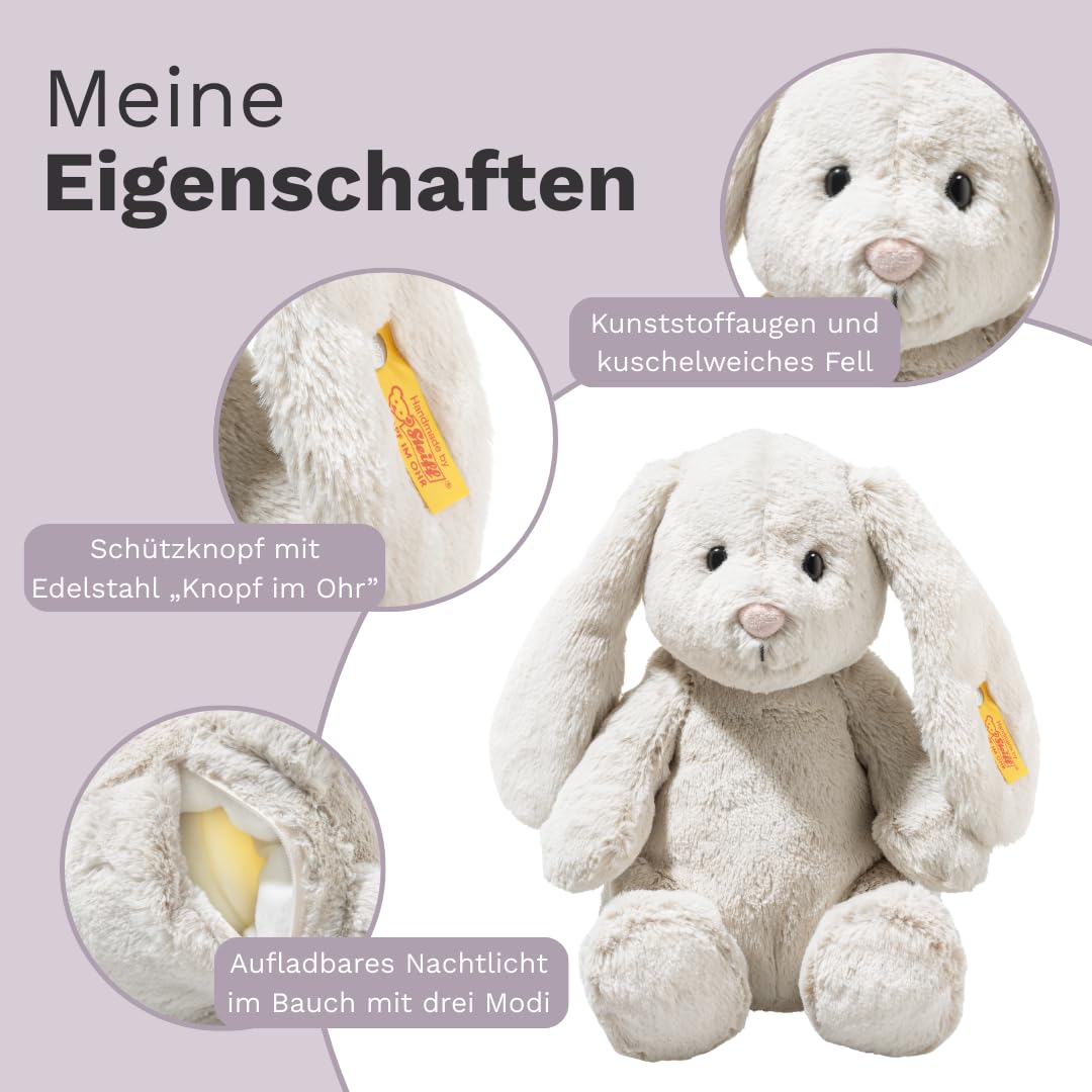 Steiff Kuscheltier mit Nachtlicht Hoppie Hase, Süßes Stofftier mit Kunststoffaugen, Kinder, Jungen & Mädchen, Friends, 28 cm, Hellgrau, 081026