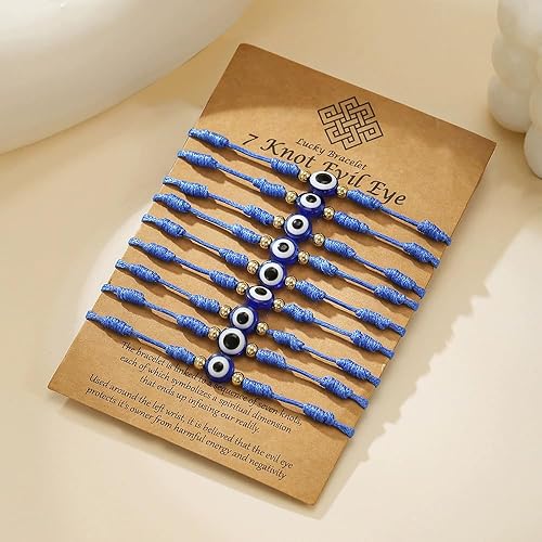 Miniatura 3 de Caiyao Juego de 9 pulseras de cuerda de la amistad de cábala de ojo malvado hechas a mano, trenzadas, ajustables, 7 nudos, color azul de la suerte,