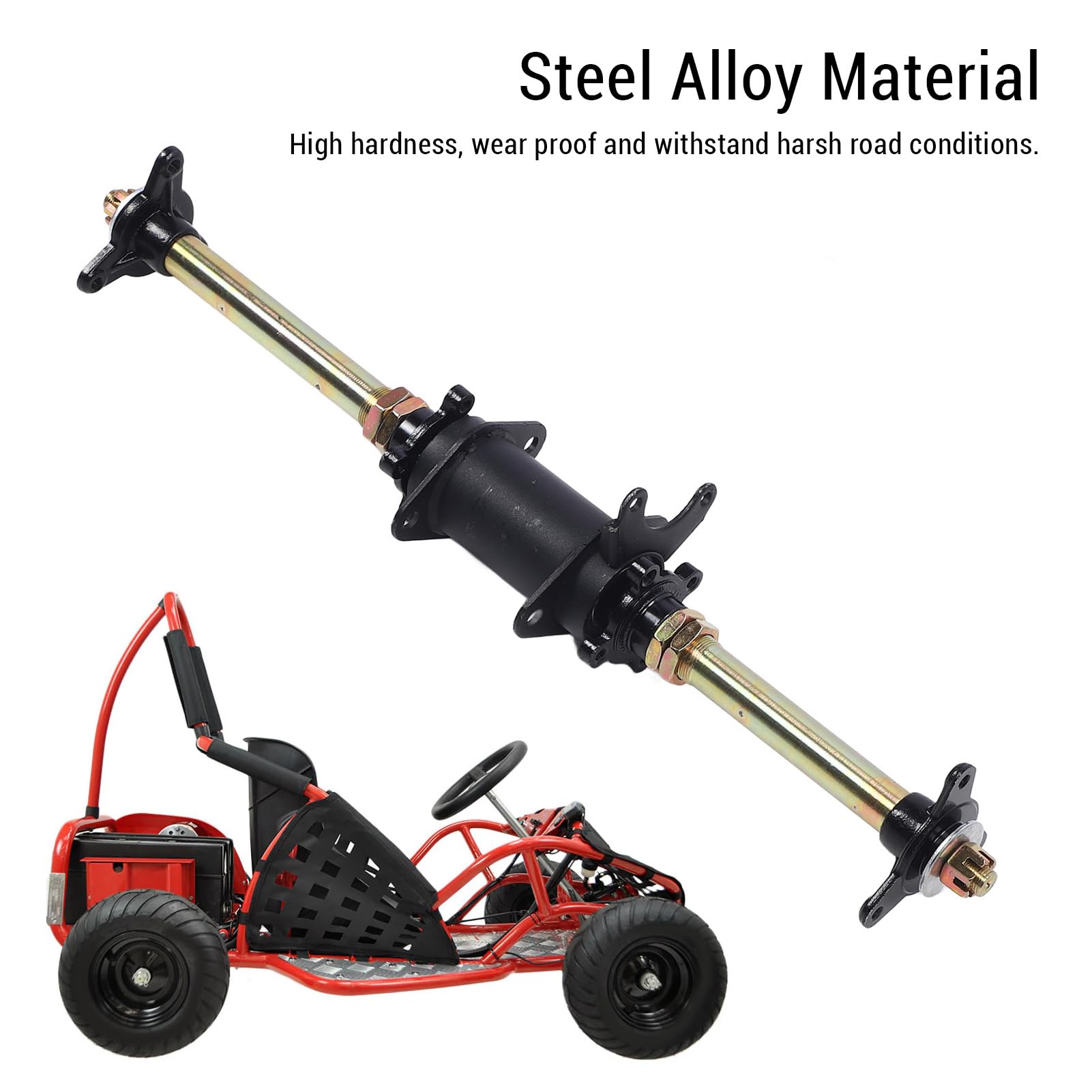 Dilwe Zestaw Tylnej Osi Gokartowej Zespół Tylnej Osi ze Stopu Stali 650 Mm X 25 Mm z Kołem łańcuchowym Kołnierze Piasty Tarczy Hamulcowej do Kartingu ATV Off Road Drift Trike DIY