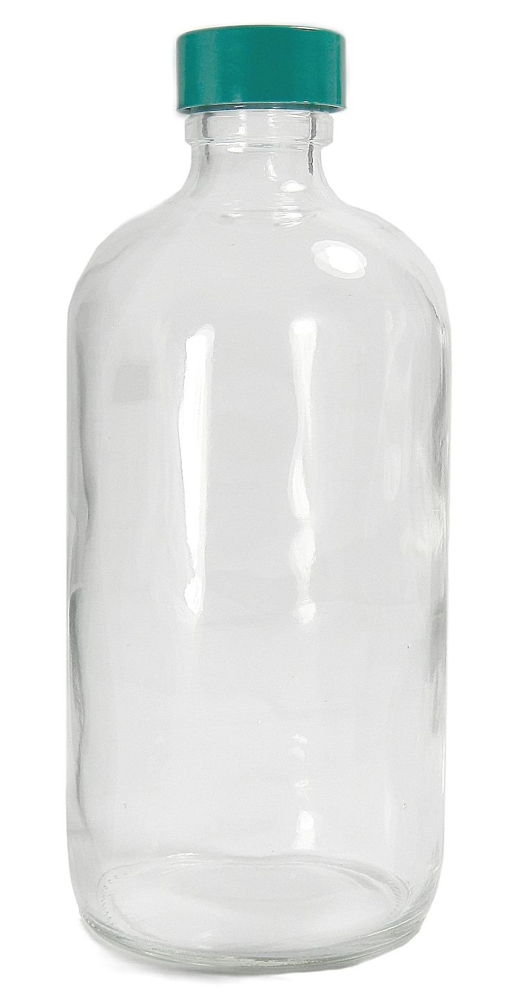 Qorpak GLC-01185 Boston Round Bottle with 28-400 Green Thermoset F217 and PTFE Lined Cap, 480 mL, Clear (Pack of 12)