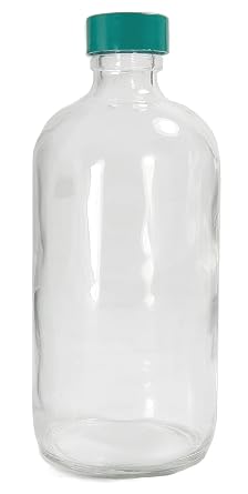 Qorpak GLC-01185 Boston Round Bottle with 28-400 Green Thermoset F217 and PTFE Lined Cap, 480 mL, Clear Pack of 12