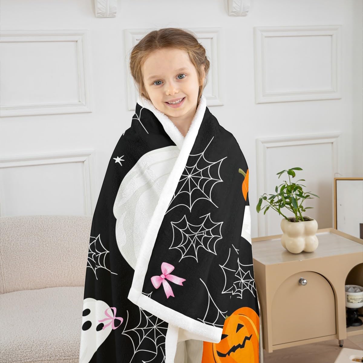 Homewish Pajęczyna szerpa koc duch kokarda puszysty pluszowy narzuta kokarda dynia Halloween kawaii kreskówka festiwal polarowy koc - czarny różowy dziewczyny ciepła miękka pościel dekoracja na łóżko