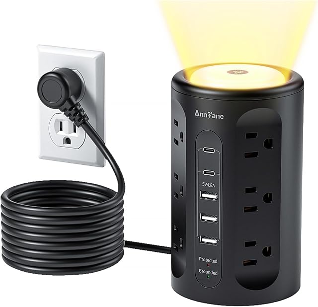 Multiprise Tour avec Lumière Nocturne, Multiprise Protectrice avec Ports USB, Cordon d'Extension 10 pi avec Multiples Prises (12AC+3A+2C) pour Bureau à Domicile Chambre d'Étudiant (Noir)
