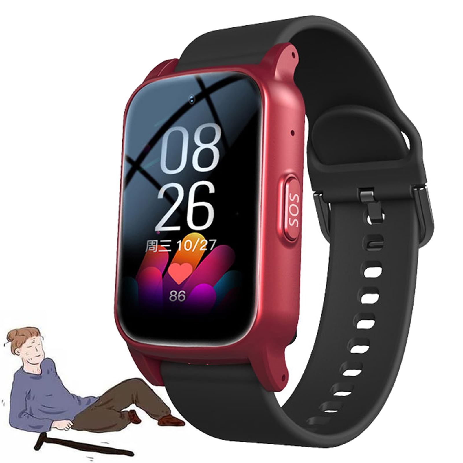 Orologio Intelligente con Rilevamento delle Cadute Bracciale SOS Anziani Salvavita GPS 4G Funzione di Chiamata Orologio Smartwatch per Anziani,Red