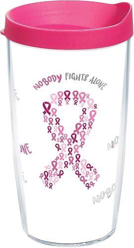 Tervis Pink Ribbon Made in USA Double Walled Insulated Tumbler Travel Cup Keeps Drinks Cold & Hot, 16oz, Clear