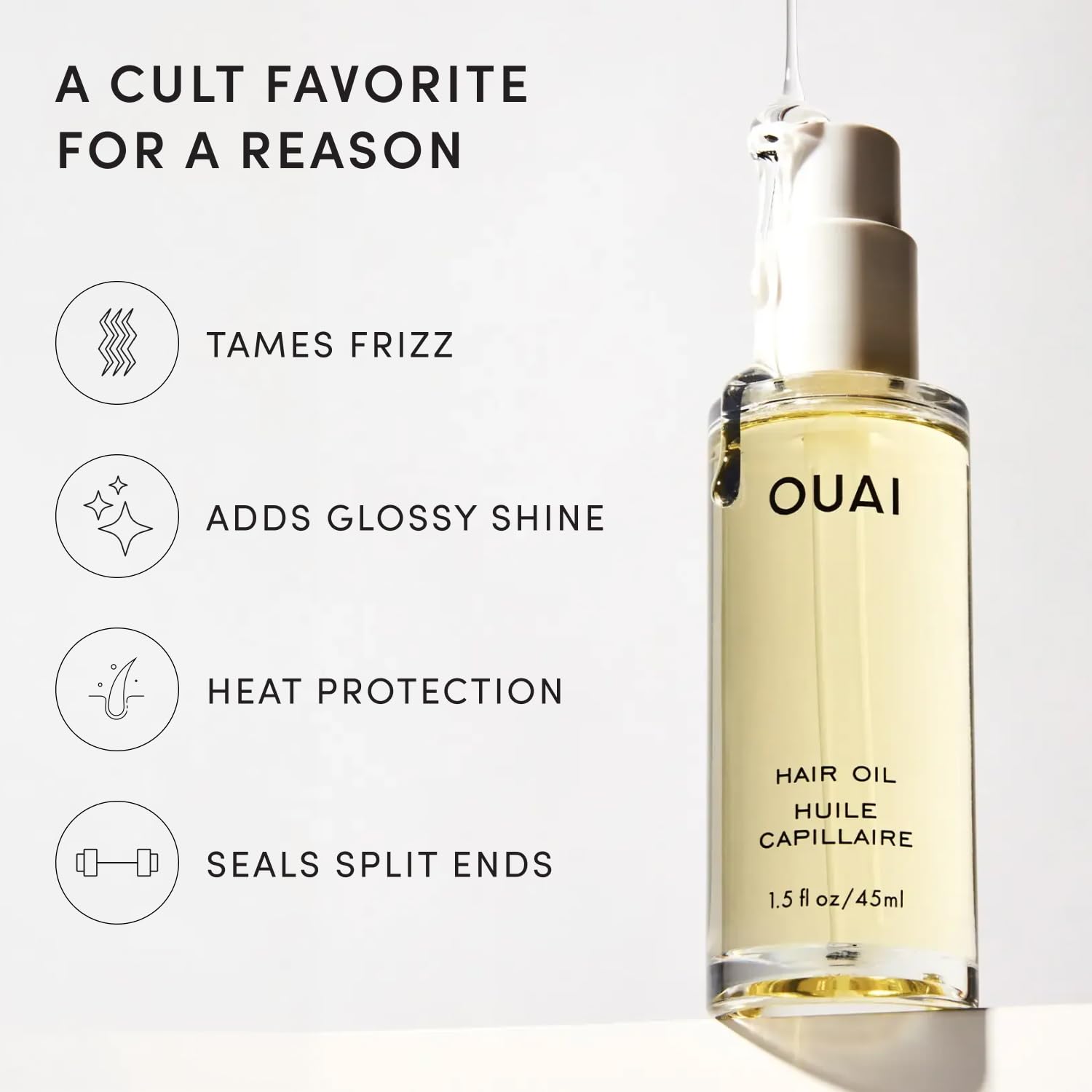 OUAI Haaröl – Hitzeschutz-Öl gegen Frizz, verleiht Glanz & glättet Spliss – farbschonende Formel – frei von Parabenen, Phthalaten & Sulfaten (45ml)
