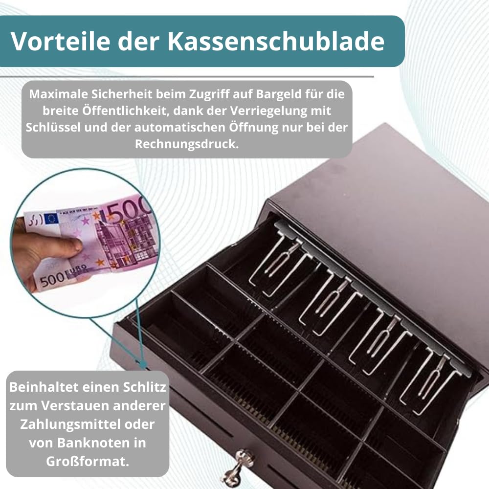 Kassenschublade 41x42x11cm - 4 Fächer Banknoten 8 Münzen - Schwarz | Geldkassette mit Schlüssel, Automatischer Öffnung RJ11, Kompatibel mit Registrierkasse, RJ-Drucker & POS-System, 8 Münzen