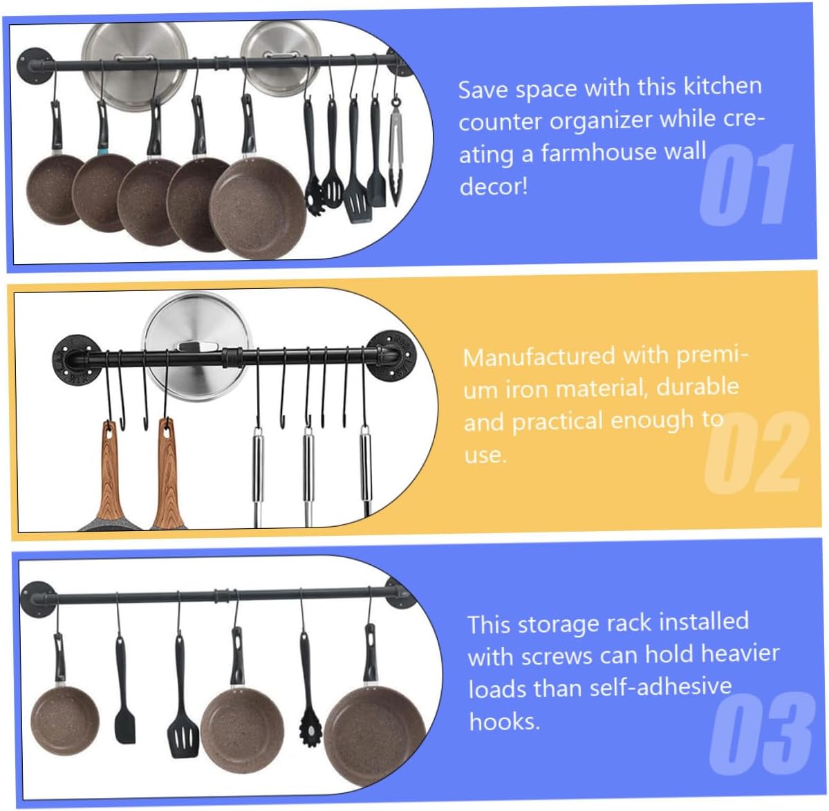 LIFKOME Wall Mount Iron Pot Rack with Hooks 13x60cm Industrial Kitchen Utensil Hanger and Pan Organizer for Cookware Storage