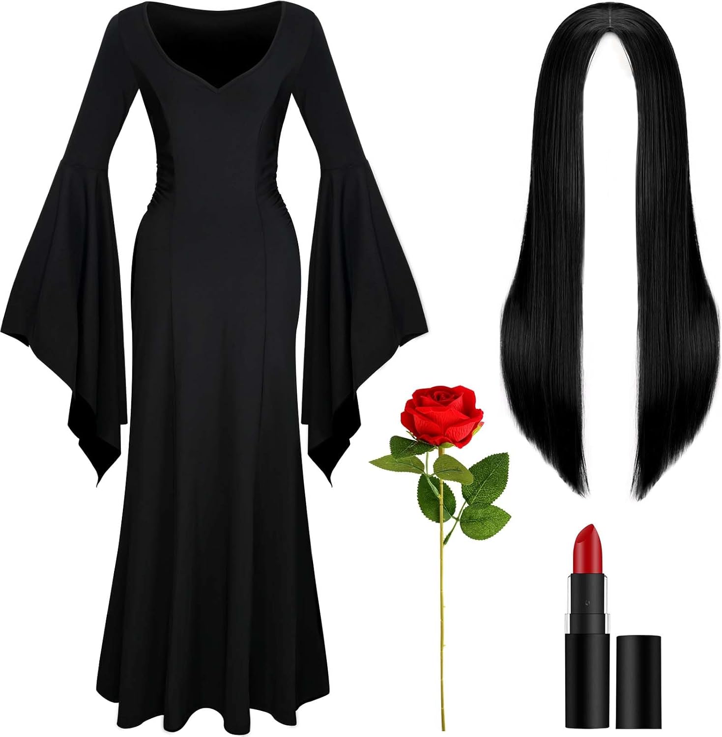 4 Pcs Halloween Costumes for Women Include Vintage Gothic Long Sleeve Dress Straight Wig Red Rose