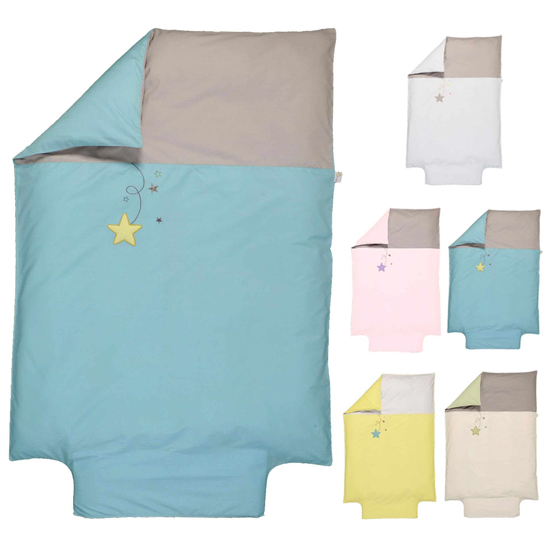 P'tit Basile Housse de Couette 100x135 ou 100x140 cm - 100% Coton Bio 57 Fils certifié sans substances nocives - Housse brodée Pluie d'étoiles Turquoise - Idéal pour lit bébé 60x120 70x140 cm - Rabat
