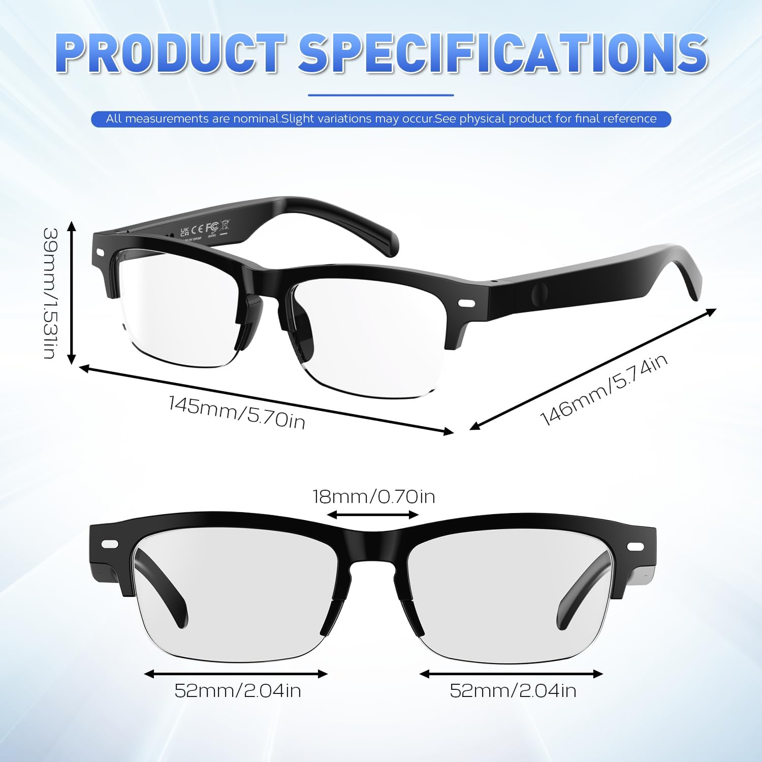 Detailed product specifications and dimensions of padom YX-01 Smart Audio Glasses